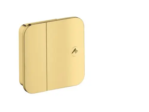 Unterputzventil in polierter Goldoptik von AXOR, quadratische Form mit minimalistischem Design und dezentem Symbol für Funktionalität.